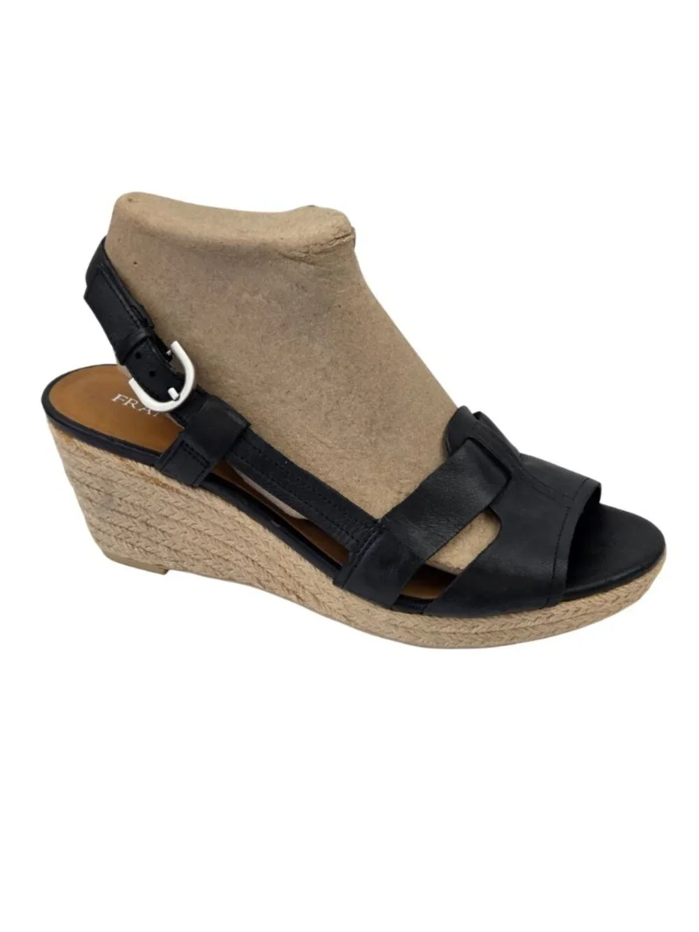 Franco Sarto Black Leather Wedge Espadrille Sandals Size 8.5